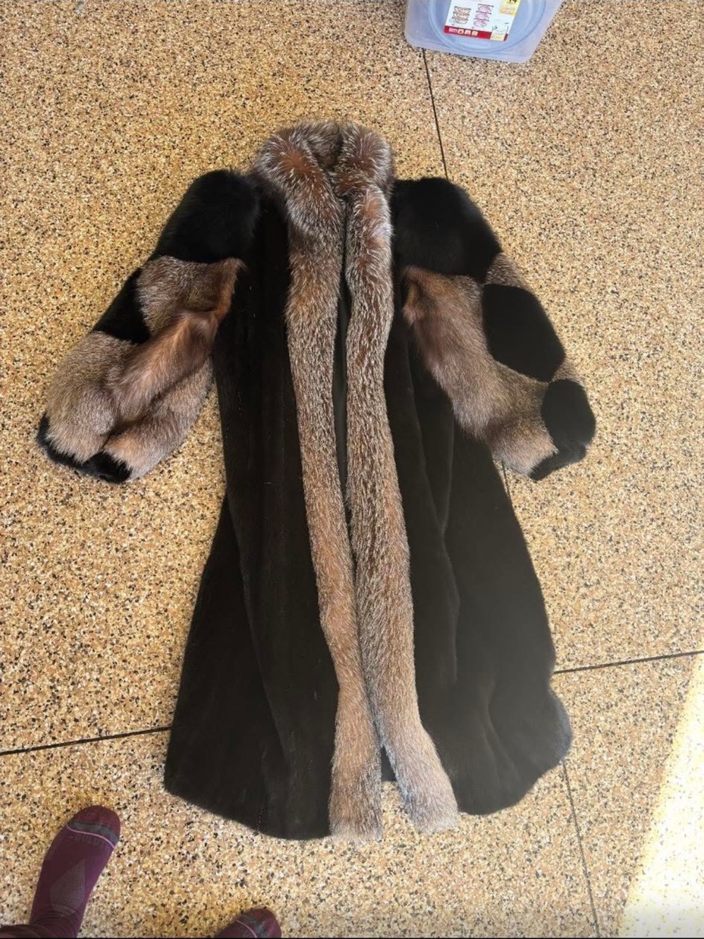 Mink Trench coat with fox chevron on the sleeves and fox trim